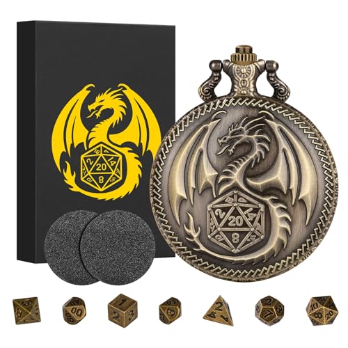 Mini DND Dice Set Steampunk Dragon Pocket Watch Shell Case, 7pcs Polyhedral Metal D&D Dice Set, DND Gifts with Gift Box for Men Women, Role Playing Board Games Accessories, Bronze - color: Bronze