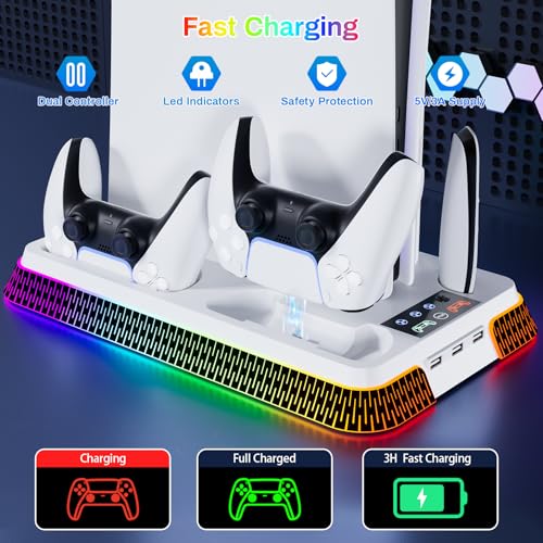 PS5 Cooling Station and PS5 Stand with RGB Controller Charging Station for PlayStation 5 Console, Controller Charger, Cooling Stand, PS5/Slim/Pro Accessories Kit with 3 Level Cooler Fan - color: piano-white
