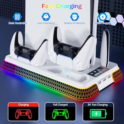 PS5 Cooling Station and PS5 Stand with RGB Controller Charging Station for PlayStation 5 Console, Controller Charger, Cooling Stand, PS5/Slim/Pro Accessories Kit with 3 Level Cooler Fan - color: piano-white