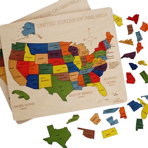 USA Map Wooden Jigsaw Puzzle for Kids | 44 Puzzle Pieces | Learning & Educational Toy Gift for Boys & Girls (ASTM Safety Rating: 3+ Years) - style: USA Map
