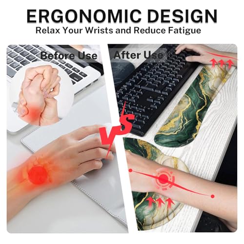 Ergonomic Mouse Pad Set with Wrist Rest, Gold Green Marble | Abstract Non-Slip Rubber Base Wrist Cushion Support and Coasters Mousepad with Wrist Support for Computer Keyboard - color: Gold Green Marble