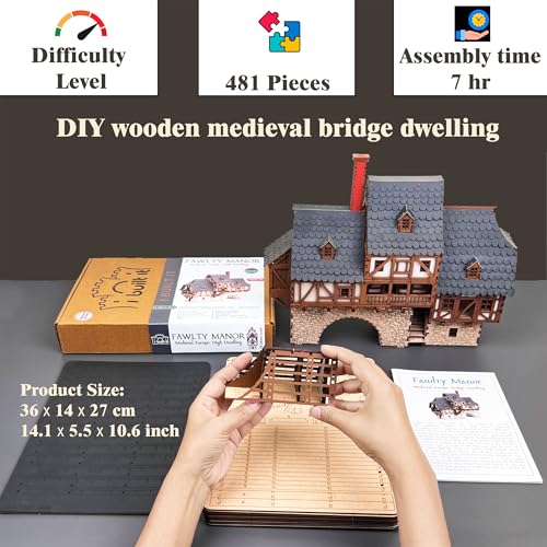 Fawlty Manor (Pro Texture) - Bridge Dwelling - Medieval Tavern - Medieval Europe Series - 3D Puzzle - Architectural Model Kit - DIY - 28mm Scale – 465 Pieces – Ages 15 Years and Above - color: Manor Medieval