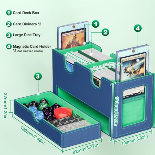 UAONO 3-in-1 MTG Commander Deck Box, Blue Green | 2 Magnetic Card Holders & 1 Dice Tray, Fits 200 Double Sleeved, Card Organizer Compatible with Magic the Gathering - color: Blue&Green
