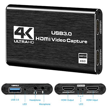 Capture Card, 4K HDMI Video Capture Card, Game Capture Card, 1080P 60FPS Video Capture Device, HDMI to USB 3.0 Capture Card for Streaming, Work with Camera/Xbox/PS4/PS5/PC/OBS - color: Black