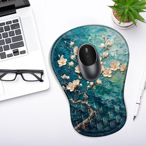 YIWEI Ergonomic Mouse Pad with Wrist Rest for Carpal Tunnel Pain Relief | Memory Foam Wrist Support,Non-Slip Rubber Base, Keyboard Computer Mousepad,Lycra Cloth Surface,Gaming Home Office - color: Plum Plossom
