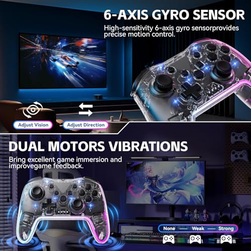 Wireless Pro Controller for Switch/Lite/OLED/PC/Android/iOS - Ergonomic Gamepad with 7 Color RGB Lighting, Turbo/Vibration Adjustment & One-Key Wake-Up Function - color: TransparentWhite