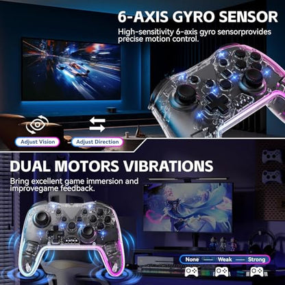 Wireless Pro Controller for Switch/Lite/OLED/PC/Android/iOS - Ergonomic Gamepad with 7 Color RGB Lighting, Turbo/Vibration Adjustment & One-Key Wake-Up Function - color: TransparentWhite