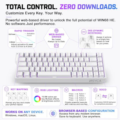 WIN68 HE Hall Effect Keyboard, Rapid Trigger Magnetic Gaming Keyboard, 8000Hz Polling Rate, DKS & SOCD, 0.01mm Adjustable Actuation, RGB PBT Keycaps, 60% Wired Keyboard for FPS Gaming PC & Mac - color: WIN68 White Side-Printed