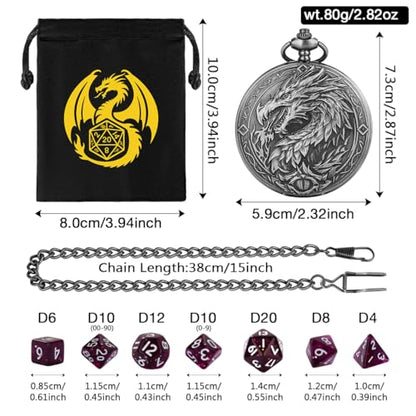 Mini DND Dice Set, 7-Piece Polyhedral Acrylic D&D Dice, with Steampunk Dragon Large Pocket Watch Case, DND Gift Bag with Dragon Logo, Role Play Board Game Accessories, Dark Silver + Purple - color: Silver + Purple