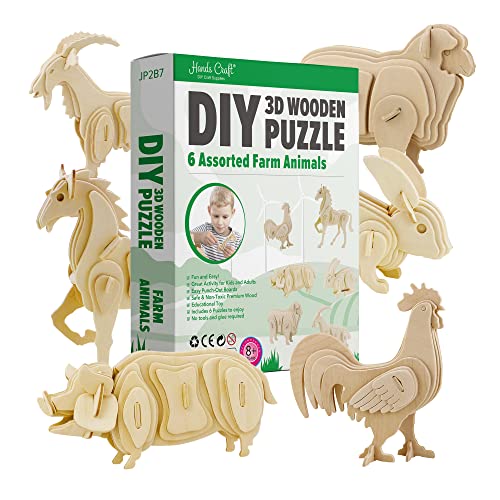 Hands Craft DIY 3D Wooden Puzzle – 6 Assorted Farm Animals Bundle Pack Set Brain Teaser Puzzles Educational STEM Toy Adults and Kids to Build Safe and Non-Toxic Easy Punch Out Premium Wood JP2B7 - color: Farm Animals