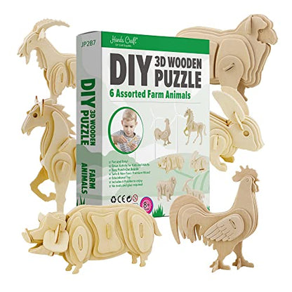Hands Craft DIY 3D Wooden Puzzle – 6 Assorted Farm Animals Bundle Pack Set Brain Teaser Puzzles Educational STEM Toy Adults and Kids to Build Safe and Non-Toxic Easy Punch Out Premium Wood JP2B7 - color: Farm Animals