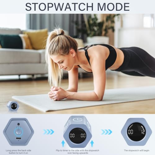 Rotating Pomodoro Timer 5, 25, 10 30,60 Mins Preset Stopwatch, Desk Flip ProductivityTimer, ADHD Tool Hexagon, Vibration/Mute/Alarm, for Work, Study, Back to School, Kitchen, Blue - color: Blue