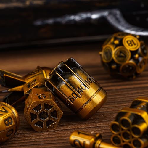 UDIXI Metal DND Dice Set 7PCS RPG Polyhedral Metal D&D Dice Set AncientGold | Bomb Shape, Solid Metal, Cool Design, Leather Pouch Packaging, for Dungeons and Dragons Role Playing Games Tabletop Games - color: Ancient Golden