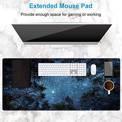 XXL Waterproof Office Desk Pad Protector 35.4x15.7 Inch - Extended Gaming Mouse Pad with Non-Slip Rubber Base, Thickened Keyboard Mat, Stitched Edges & Forest Starry Design - color: Blue