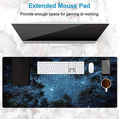 XXL Waterproof Office Desk Pad Protector 35.4x15.7 Inch - Extended Gaming Mouse Pad with Non-Slip Rubber Base, Thickened Keyboard Mat, Stitched Edges & Forest Starry Design - color: Blue