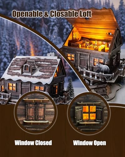 LED 3D Wooden Puzzle Winter Cabin DIY Miniature Building Kit with LED Lights - 3D Craft Rural Wooden Cabin Models Decor Gift for Adult