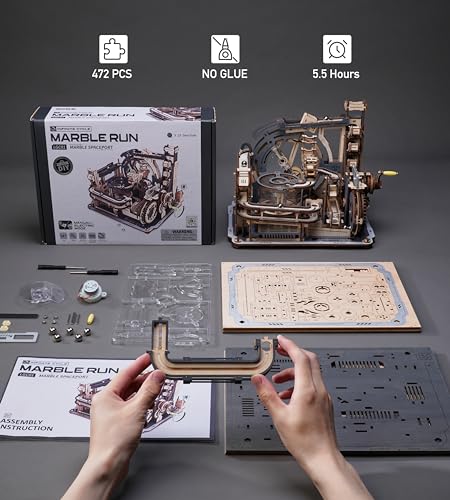 ROBOTIME Motorized Wooden Puzzles for Adults - 3D Puzzles for Adults LGC01 Marble Spaceport - Wooden Marble Run Model to Build - Space/STEM/Engineering Gift