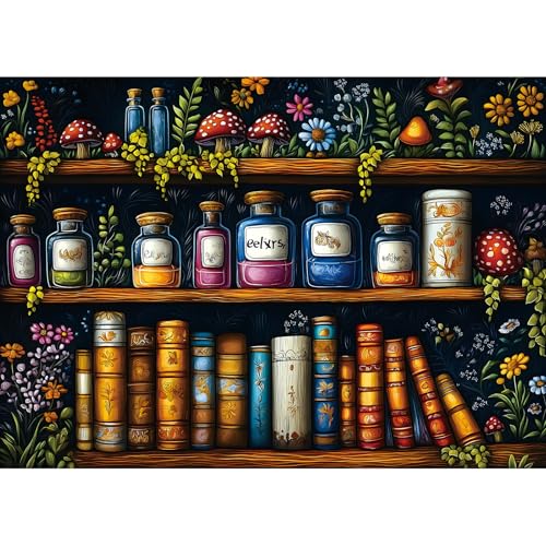 MINIWAN Vintage Witchy Apothecary Shelf 1000 Piece Jigsaw Puzzle | Mushroom Botanical Flower Magic Elixir Theme, For Adults, Gift for Puzzle Lovers, 27.5x19.7 Inch - color: Enchanted Apothecary Shelf