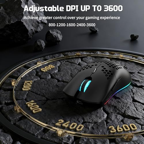 FREEWOLF X HXSJ T66 Wireless Gaming Mouse Tri-Mode Superlight Honeycomb Design PAW3212 3600DPI Sensor 1000Hz Polling Rate Bluetooth/2.4Ghz/Wired Ergonomic PC Mice RGB Light Programmable Buttons-Black - color: black
