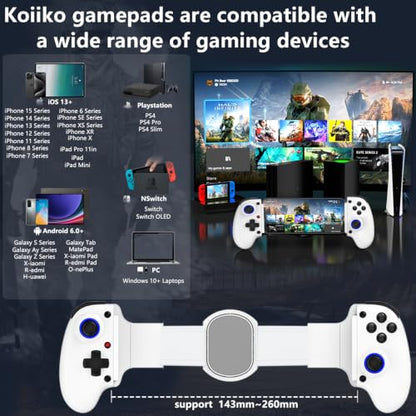 Koiiko Mobile Cloud Gaming Controller for iPhone 16/15/14, iPad, Tablet, Android/PC/Switch 1/2 Gamepad Joystick with Turbo, Streaming on PS/Xbox/PC, Hall Trigger White - color: white