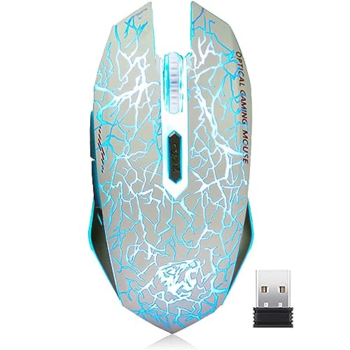 VEGCOO C10 Wireless Gaming Mouse, Rechargeable Gaming Mouse, Silent Optical Mice with 2.4G USB Receiver, 3 Ajustable DPI, 7 Colorful LED Lights for Gamer (White) - color: white