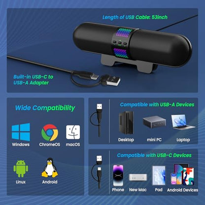 BESTISAN Computer Speaker, Bluetooth 5.3/Wired USB A/C Connection, 6 RGB Light Modes, Gaming Soundbar for PC/Laptop/Desktop, USB A/C Adapter, Easily Clamps to Monitor, Convenient Button Controls