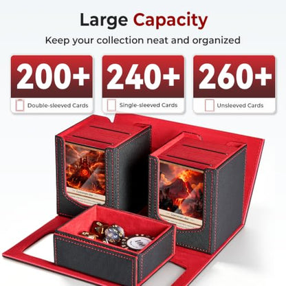 Fabmaker Deck Box Compatible with MTG, Large Capacity Trading Card Storage Box, All-in-One Leather Magnetic Closure Card Box with Token Tray, Card Box Compatible with Magic the Gathering - color: Red, size: 2 pack