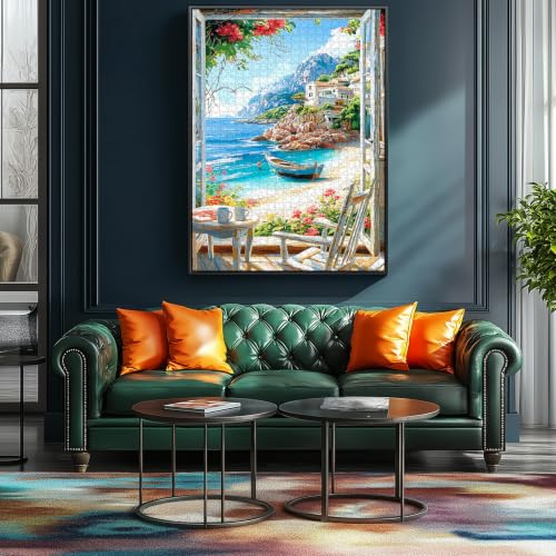 500 Piece Puzzle for Adults, Mediterranean Coastal Beach 500 Piece Jigsaw Puzzle, Vibrant Ocean Window View with Boat and Blooming Flowers Puzzle, Perfect for Family Game Night - color: Coastal Beach
