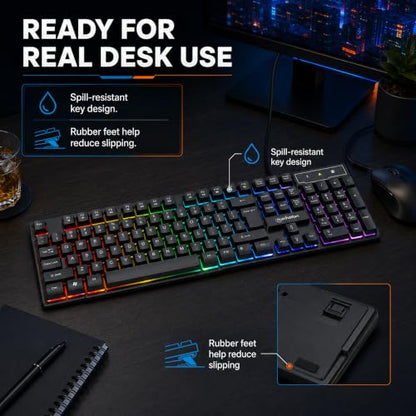 MANHATTAN RGB LED USB Gaming Keyboard - Full Size, Rainbow Backlight, Spill-Resistant, Quiet Keystrokes, 12 Multimedia Function Keys, for Computer, PC, Desktop, Gamer – 3 Yr Mfg Warranty - 180603 - color: Rainbow