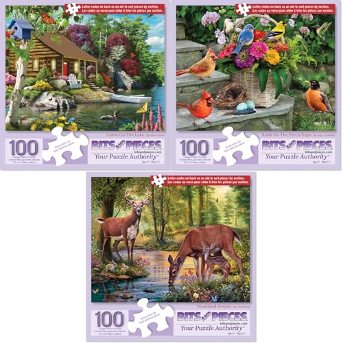 Bits and Pieces 3 Jigsaw Puzzle Set - 100 Piece Puzzles for Adults - Nature Scenes Set - 15" x 19" Jigsaw Puzzles - Birds Log Cabin Deer - Random Die Cut Pieces No 2 are Alike - size: Three 100 Piece Puzzles
