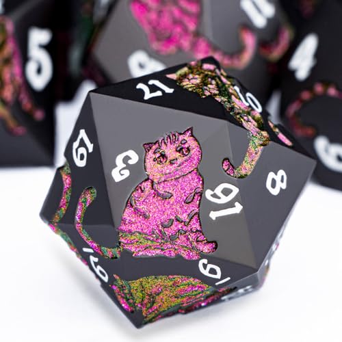 Metal DND Cat Dice 7PCS Polyhedral RPG Dice Set with Gift Case for Dungeons Dragons Role Playing Game, D and D Dice D6 D8 D10 D12 D20 D% (Purplish Red) ﻿ - color: Cat-purple Red&black