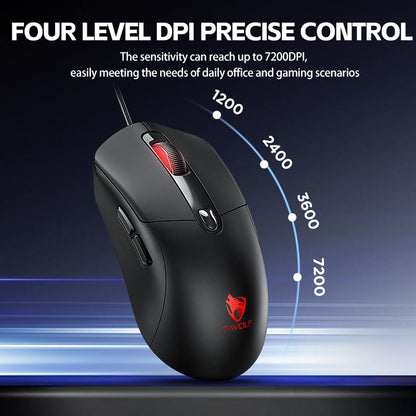 Wired Gaming Mouse, 7200 Adjustable DPI, 6 programmable Buttons, 3 Million-Click lifespan, 1.5-Meter Braided Cable, red Non-Slip Grip pad—for PC Gaming and Office use