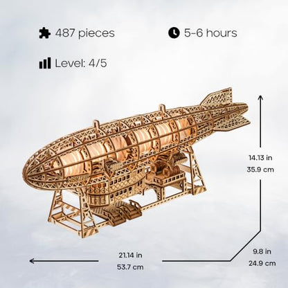 Wood Trick Luminous Zeppelin Dirigible LED 3D Wooden Puzzles for Adults to Build - Moving Propellers & Tail - Includes Wall Mount & Stand - Engineering DIY Project Mechanical 3D Puzzle Model Kits