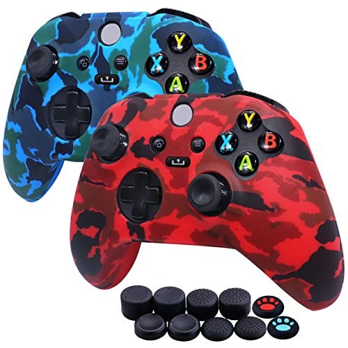 [2 Pack] Jusy Compatible with Xbox Series X/S Controller Soft Silicone Cover Skin, Sweat-Proof Dust-Proof Anti-Slip Case Cover Protective Accessories Set, with 10 Thumb Grips (Red+Blue) - color: Red+Blue