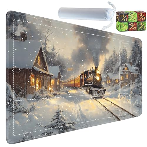 for MTG/TCG Playmat with Zones, 24 x 14 inches Trading Card Playmat with A Storage Bag and 6 Dice, Non-Lip Rubber Bottom Game Desk Mat, Steam Train in The Snowy Night - color: Yux-playmats-2-3A-252