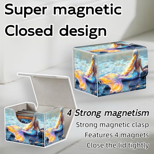 Trading Card Storage Box, Holds 100+ for MTG Cards, PU Leather with Magnetic Closure, Rainbow Mermaid Ocean Print Durable Deck Box for Magic the Gathering, Trading Card Games - color: Rainbow Mermaid Ocean Print