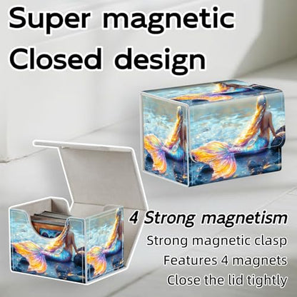 Trading Card Storage Box, Holds 100+ for MTG Cards, PU Leather with Magnetic Closure, Rainbow Mermaid Ocean Print Durable Deck Box for Magic the Gathering, Trading Card Games - color: Rainbow Mermaid Ocean Print