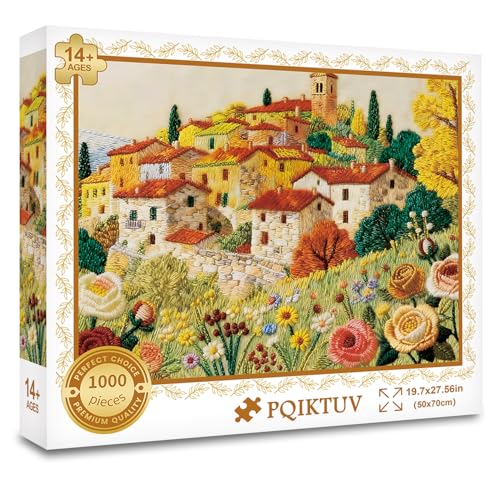 1000 Piece Jigsaw Puzzle for Adults, | Embroidered Tuscan Village Art, Textured Floral Landscape Wall Decor, Family Puzzles Gift, 27.56 x 19.7 Inches - color: Country House