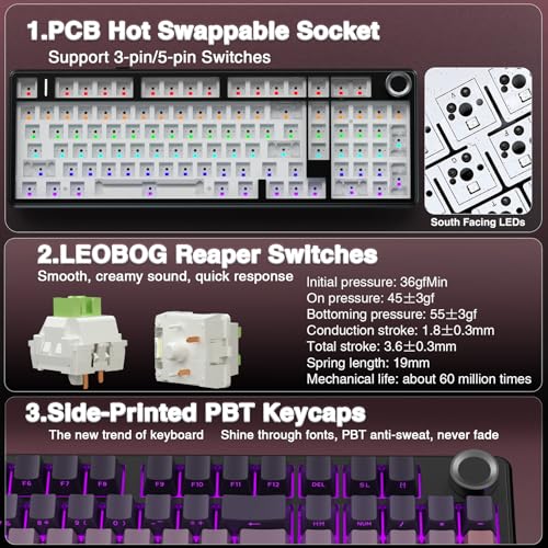 AULA F99 Pro Wireless Mechanical Keyboard with Knob,Tri-Mode BT5.0/USB-C/2.4GHz Hot Swappable Keyboard,Gasket Structure,Creamy Sound,RGB Backlit Computer Gaming Keyboards - color: Side Printed Pink