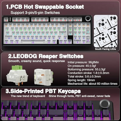 AULA F99 Pro Wireless Mechanical Keyboard with Knob,Tri-Mode BT5.0/USB-C/2.4GHz Hot Swappable Keyboard,Gasket Structure,Creamy Sound,RGB Backlit Computer Gaming Keyboards - color: Side Printed Pink