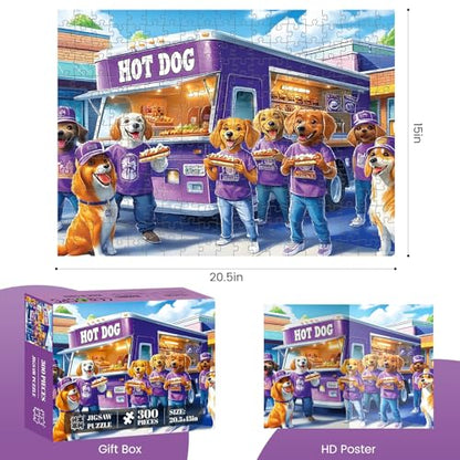 300 Piece Puzzles for Adults, Hot Dog Truck with Dogs Puzzles for Adults, Adorable Dogs and Hot Dog Truck 300 piece Jigsaw Puzzle, Ideal Home Decor Gift for Adults Kids Seniors, 20.5×15 in - style: Doggy Snack Stall
