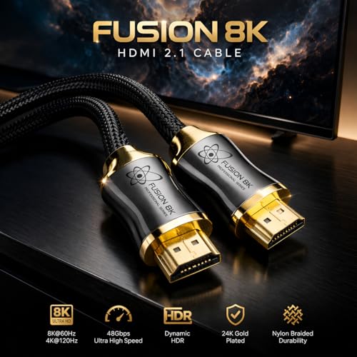 Certified HDMI 2.1 Cable 48Gbps 6 Feet - 10K 8K@60Hz 4K@120Hz 144Hz | eARC HDR10 Dolby Vision HDCP 2.3 | Braided Cord for PS5, Xbox Series X, Apple TV 4K, Roku, OLED TV - size: 6 Feet