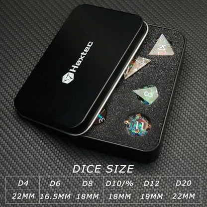 Haxtec Galaxy DND Dice Set Sharp Edge Resin Polyhedral Dice, Holographic Style D&D Dice with Metal Case, Handmade Irridescent Mylar Inside Dice Set for Dungeons and Dragons TTRPG, DND Gift - color: Rainbow