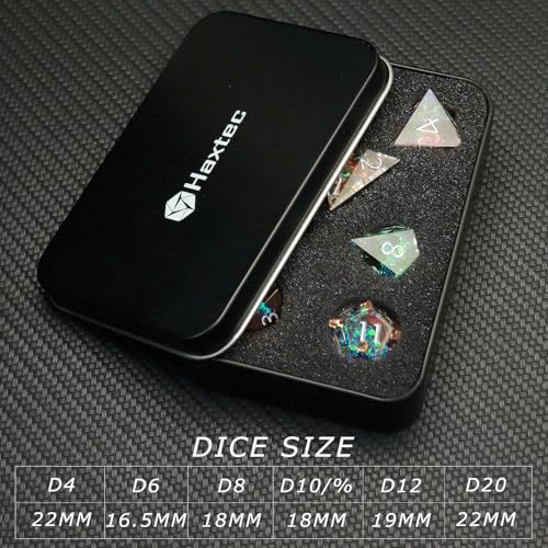 Haxtec Galaxy DND Dice Set Sharp Edge Resin Polyhedral Dice, Holographic Style D&D Dice with Metal Case, Handmade Irridescent Mylar Inside Dice Set for Dungeons and Dragons TTRPG, DND Gift - color: Rainbow