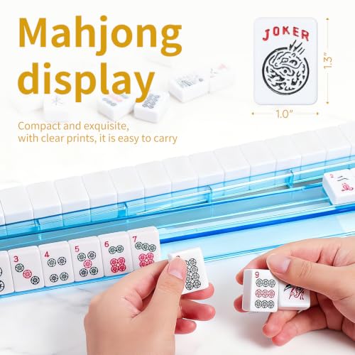 Ploomi American Mahjong Tiles Set, 166 White Tiles, 4 Color Racks & Pushers, Complete Western Mahjong Set with Blue Carrying Bag for Beginners & Experts - color: Blue