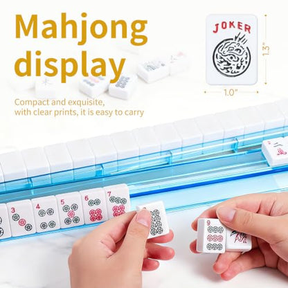 Ploomi American Mahjong Tiles Set, 166 White Tiles, 4 Color Racks & Pushers, Complete Western Mahjong Set with Blue Carrying Bag for Beginners & Experts - color: Blue