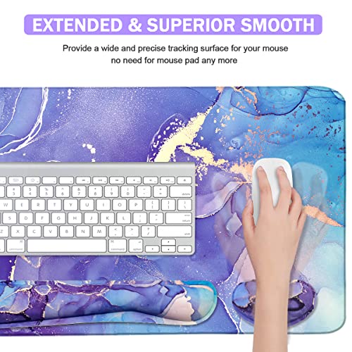 Large Mouse Pad and Keyboard Wrist Rest, Desk Pad for Keyboard and Mouse, 4-in-1 Large Gaming Mouse Pad with Wrist Support - Purple Marble - color: Purple Blue Marble