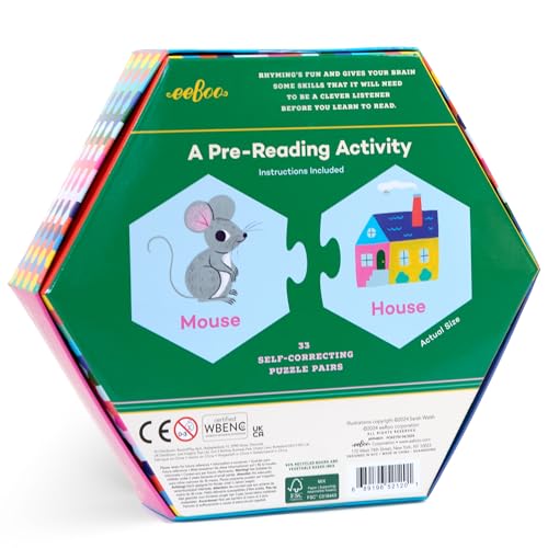 eeBoo Hexagon Puzzle Pairs - Rhyming Words, 33 Self-Correcting Pairs, Match Sounds to Images, Pre-Reading Activity for Preschool Kids Ages 3 and up - style: Rhyming Words