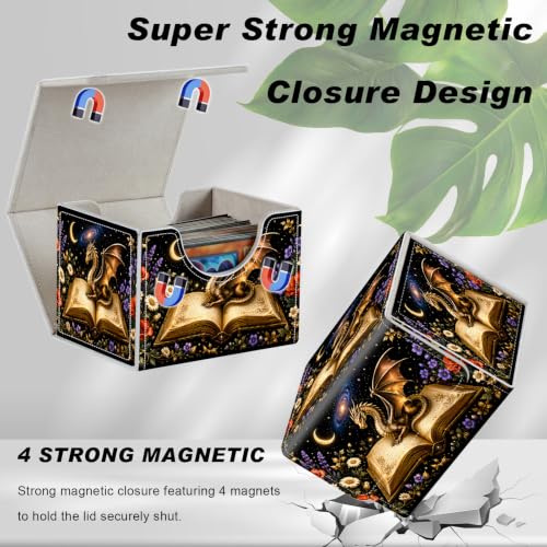 Magnetic Closure TCG Deck Box Portable Card Holder Trading Card Deck Box | PU Leather Collectible Card Case Game Trading Card Deck Box Storage Scratch Resistant Lining, Dragon Magic Book Wildflower - color: Dragon Magic Book Wildflower