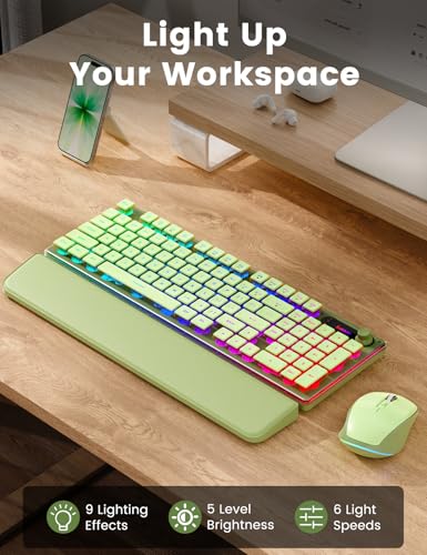 Wireless Keyboard and Mouse Combo - 9 Backlit Effects, Wrist Rest, Double-Shot Keycaps, Metal Panel, Long-Lasting Rechargeable, 2.4G Keyboard Mouse Set for Windows Mac PC Laptop – Sablute (Green) - color: Green